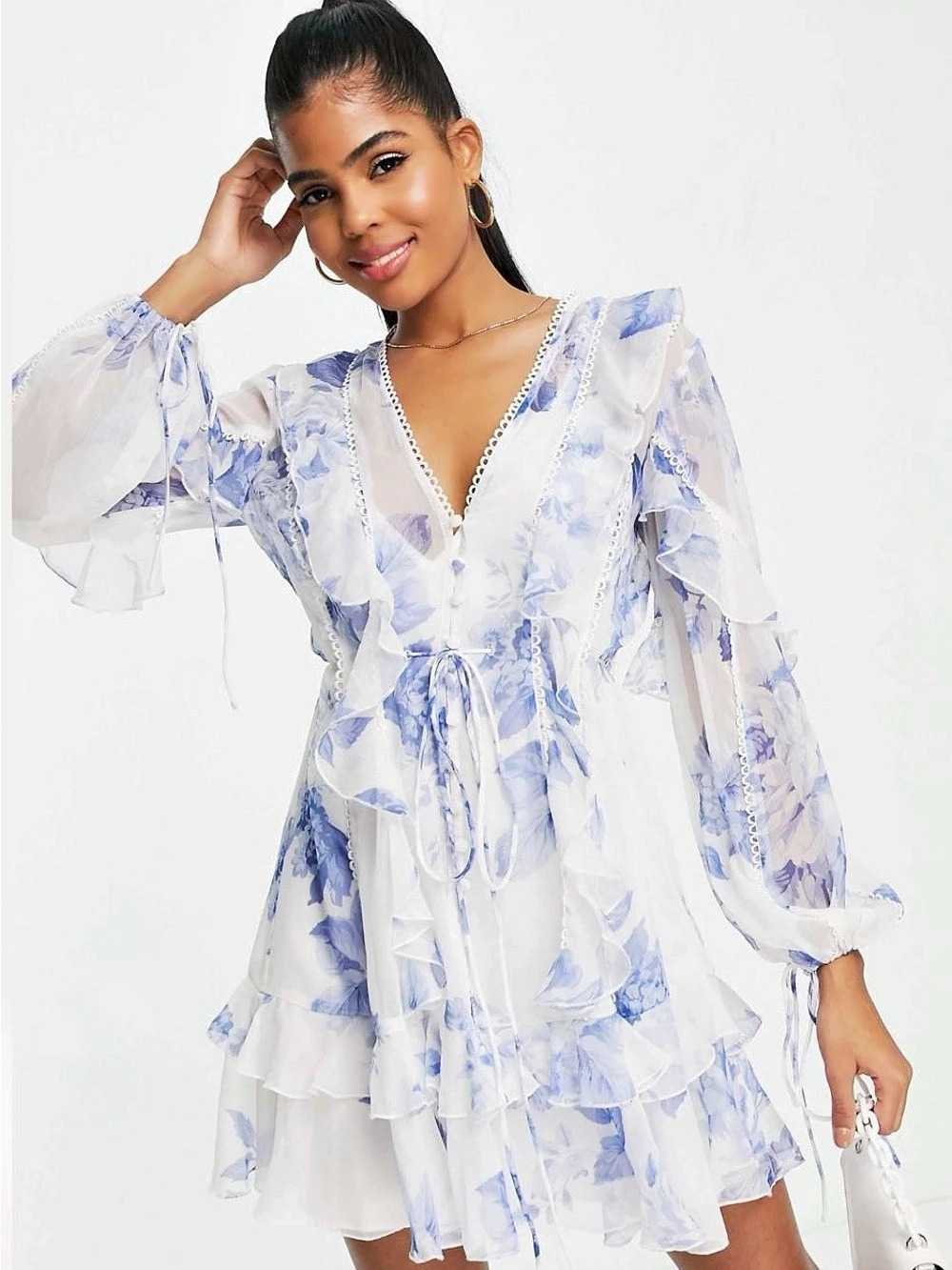 ASOS DESIGN Floral Mini Dress in White & Blue
